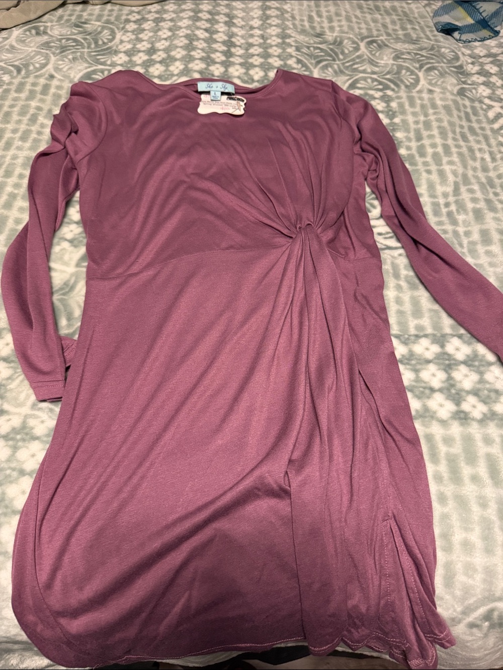 She + Sky Dusty Mauve Twist-Front Long Sleeve Dress